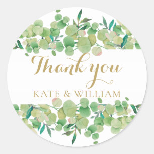 Eucalyptus Greenery Gold Script Thank You Classic Round Sticker