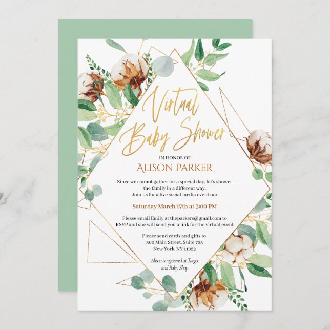 Eucalyptus Greenery Gold Virtual Baby Shower Invitation (Front/Back)