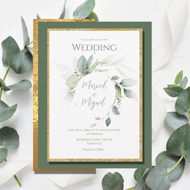 Eucalyptus Greenery Gold Watercolor Modern Wedding Invitation (Creator Uploaded)