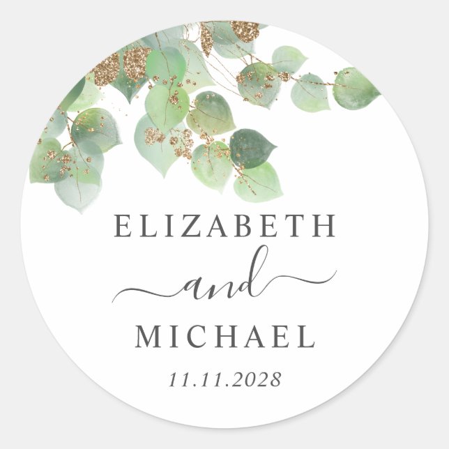 Eucalyptus Greenery Gold Watercolor Wedding Classic Round Sticker (Front)