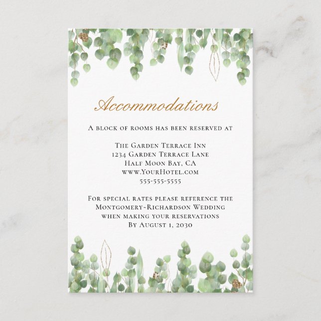 Eucalyptus Greenery Gold Wedding Accommodations Enclosure Card (Front)