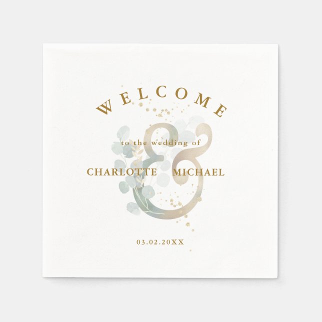 Eucalyptus greenery gold wedding ampersand napkin (Front)