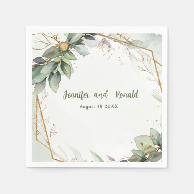 Eucalyptus Greenery Gold  Wedding Personalized  Napkin (Front)