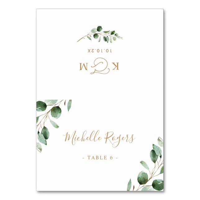 Eucalyptus Greenery Gold Wedding Place Cards (Front)