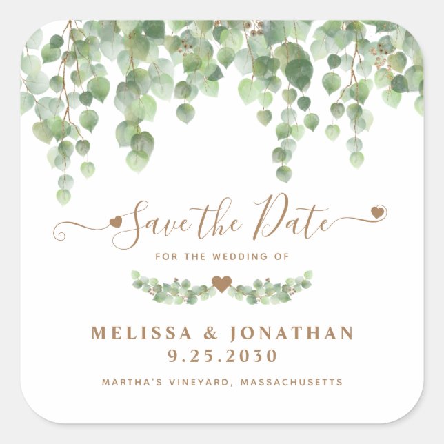Eucalyptus Greenery Gold Wedding Save The Date Square Sticker (Front)
