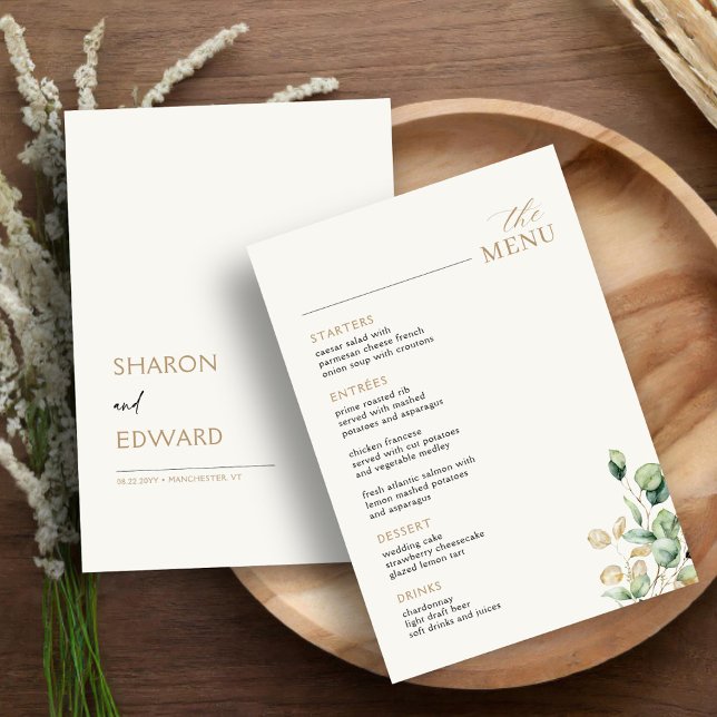 Eucalyptus Greenery & Gold Wedding Table Menu Card (Creator Uploaded)