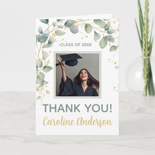 Eucalyptus Greenery Graduation Party Thank You Card (Front)