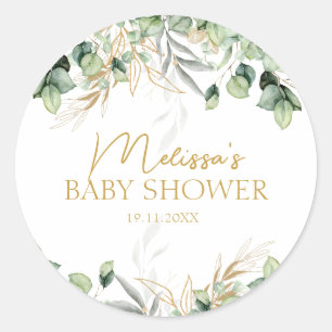 Eucalyptus Greenery Green Leaf & Gold  Baby Shower Classic Round Sticker