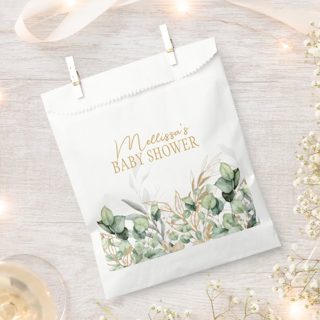 Eucalyptus Greenery Green Leaf & Gold Baby Shower Favour Bag (Clipped)