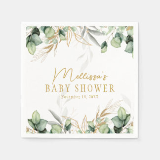 Eucalyptus Greenery Green Leaf & Gold Baby Shower Napkin