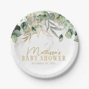 Eucalyptus Greenery Green Leaf & Gold Baby Shower  Paper Plate