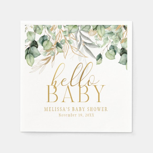 Eucalyptus Greenery Green Leaf & Gold Hello Baby Napkin (Front)