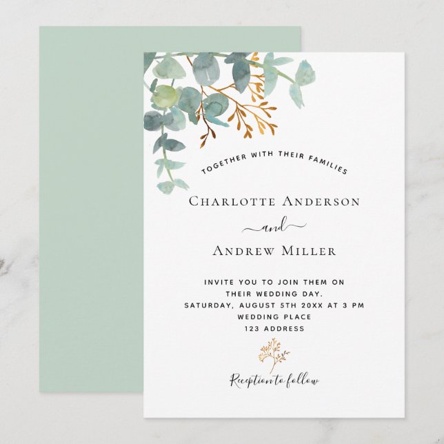 Eucalyptus greenery green modern elegant wedding invitation (Front/Back)