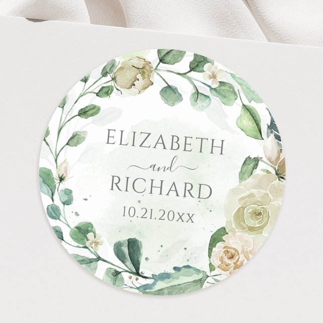Eucalyptus Greenery Leaves Elegant Floral Wedding Classic Round Sticker (Creator Uploaded)