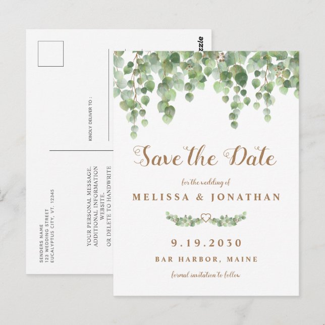 Eucalyptus Greenery Leaves Wedding Save The Date Postcard (Front/Back)