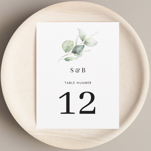 Eucalyptus Greenery Minimal Wedding Table Number (Eucalyptus Greenery Watercolor Watercolor Table Number Card)