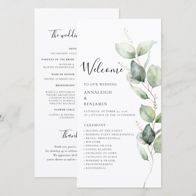 Eucalyptus Greenery Minimalist Wedding Program (Front/Back)