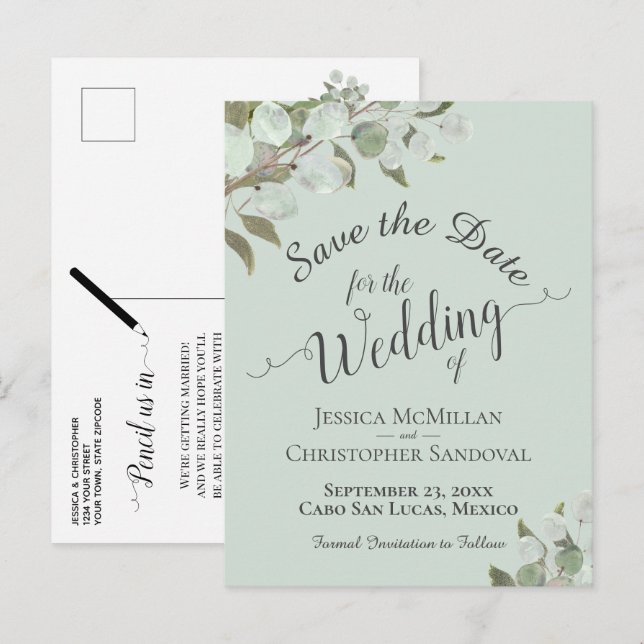 Eucalyptus & Greenery Mint Wedding Save the Date Announcement Postcard (Front/Back)