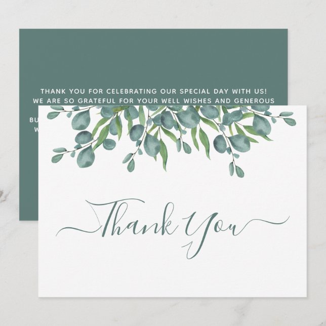 Eucalyptus Greenery Modern Sage Script Wedding Thank You Card (Front/Back)