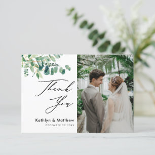 Eucalyptus Greenery Modern Script Photo Wedding Thank You Card