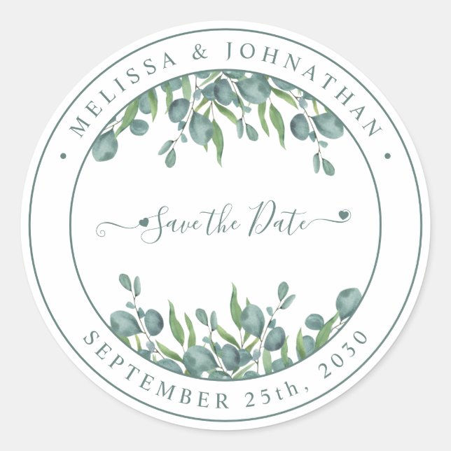 Eucalyptus Greenery Modern Wedding Save The Date Classic Round Sticker (Front)