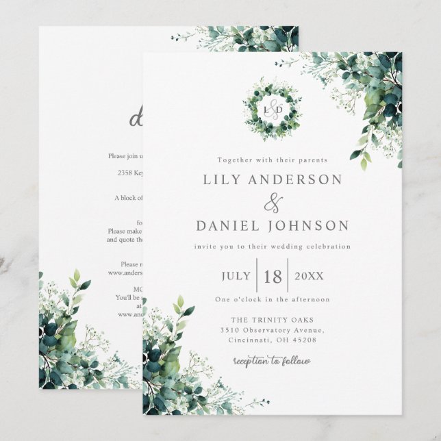 Eucalyptus Greenery Monogram All In One Wedding Invitation (Front/Back)