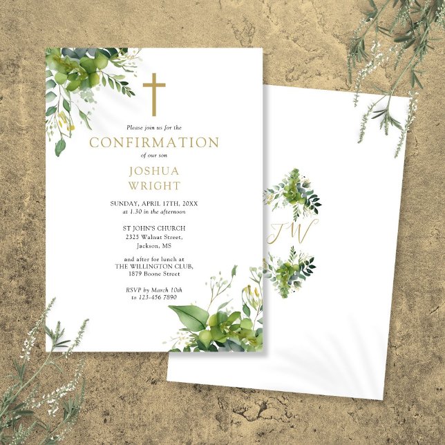 Eucalyptus Greenery Monogram Confirmation Invitation (Eucalyptus Greenery Monogram Confirmation Invitation)