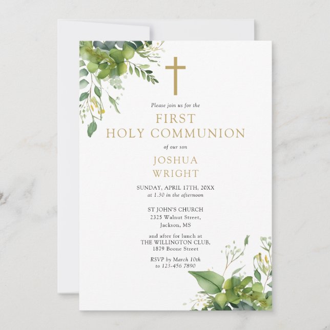 Eucalyptus Greenery Monogram First Holy Communion Invitation (Front)
