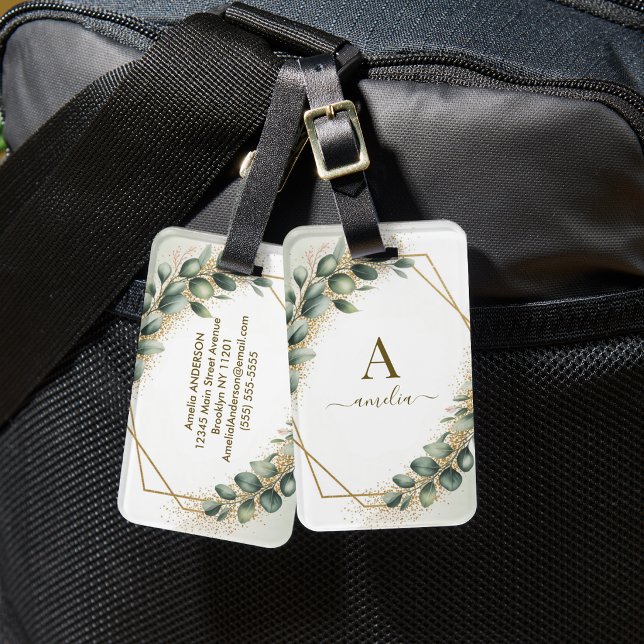 Eucalyptus Greenery Monogram Gold Geometric Frame  Luggage Tag (Creator Uploaded)
