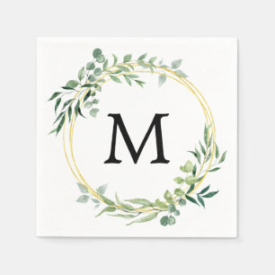 Eucalyptus Greenery Monogram Gold Green Wedding Napkin