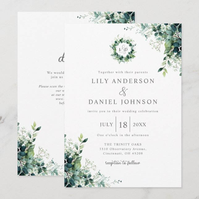 Eucalyptus Greenery Monogram QR Code Wedding Invitation (Front/Back)