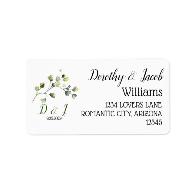 Eucalyptus Greenery Monogram Wedding Date Address Label (Front)