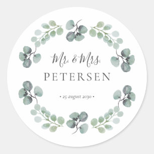 Eucalyptus greenery mr and mrs name wedding  classic round sticker