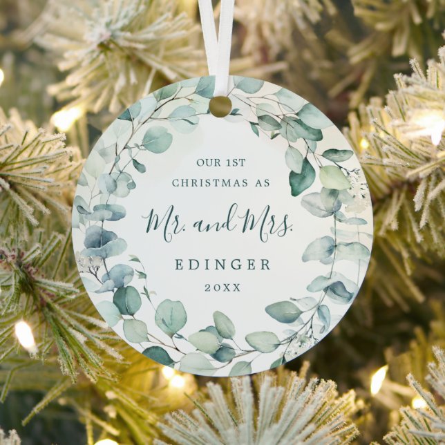 Eucalyptus Greenery Mr. and Mrs. Photo Newlywed Metal Ornament (Insitu)