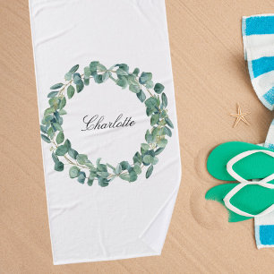 Eucalyptus greenery name script white bath towel set