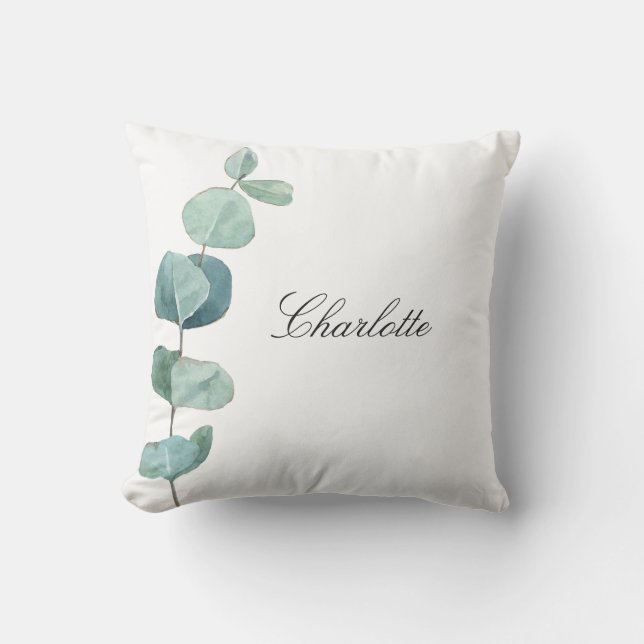 Eucalyptus greenery name script white outdoor pillow (Front)