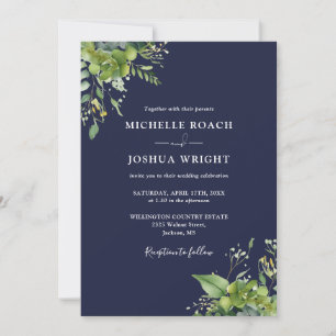 Eucalyptus Greenery Navy Blue Monogram Wedding Invitation