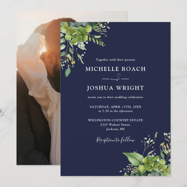 Eucalyptus Greenery Navy Blue Photo Wedding Invitation (Front/Back)