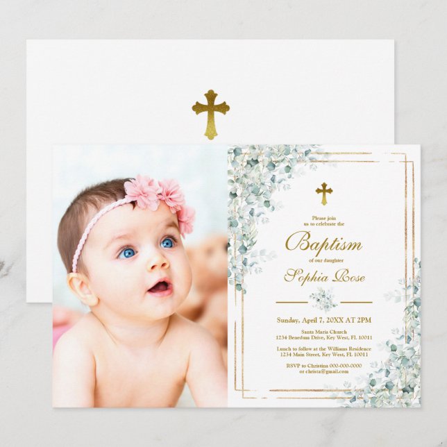 Eucalyptus Greenery Photo Baptism Invitation (Front/Back)