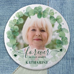 Eucalyptus Greenery Photo Funeral Memorial 3 Inch Round Button<br><div class="desc">Honour your loved one with a custom photo memorial funeral button. This funeral button features elegant eucalyptus greenery wreath, with your custom photo. Quote "In Loving Memory". Customize with favourite photo, and name. Perfect for funeral favours, celebration of life events and memorial services. COPYRIGHT © 2020 Judy Burrows, Black Dog...</div>