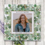 Eucalyptus Greenery Photo Memorial Funeral 2 Inch Square Button<br><div class="desc">Honour your loved one with a custom photo memorial funeral button. This funeral button features elegant eucalyptus greenery wreath, with your custom photo. Quote "In Loving Memory". Customize with favourite photo, and name. Perfect for funeral favours, celebration of life events and memorial services. COPYRIGHT © 2020 Judy Burrows, Black Dog...</div>