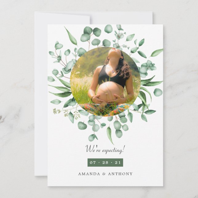 Eucalyptus Greenery Photo Pregnancy Announcement (Front)