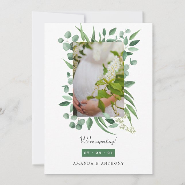 Eucalyptus Greenery Photo Pregnancy Announcement (Front)