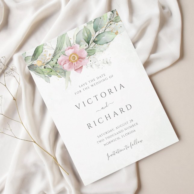 Eucalyptus Greenery Pink Floral Elegant Wedding Save The Date (Creator Uploaded)