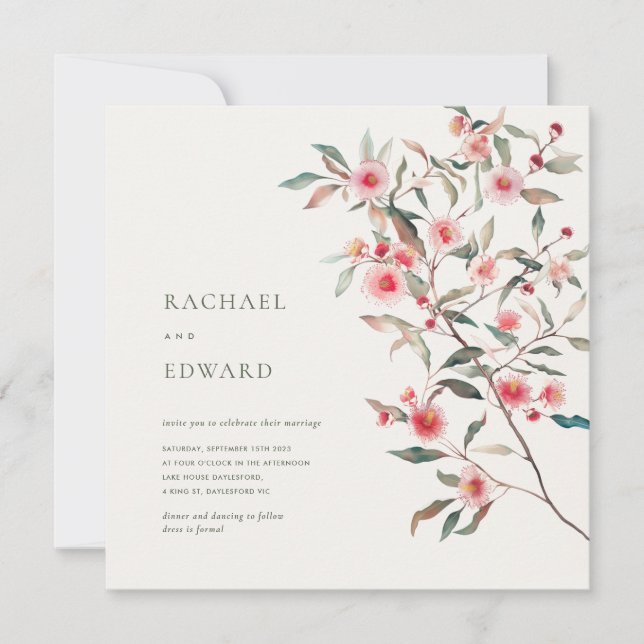 Eucalyptus Greenery & Pink Florals Wedding Invitation (Front)