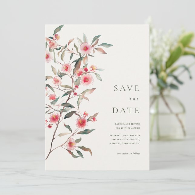 Eucalyptus Greenery & Pink Florals Wedding Save The Date (Standing Front)