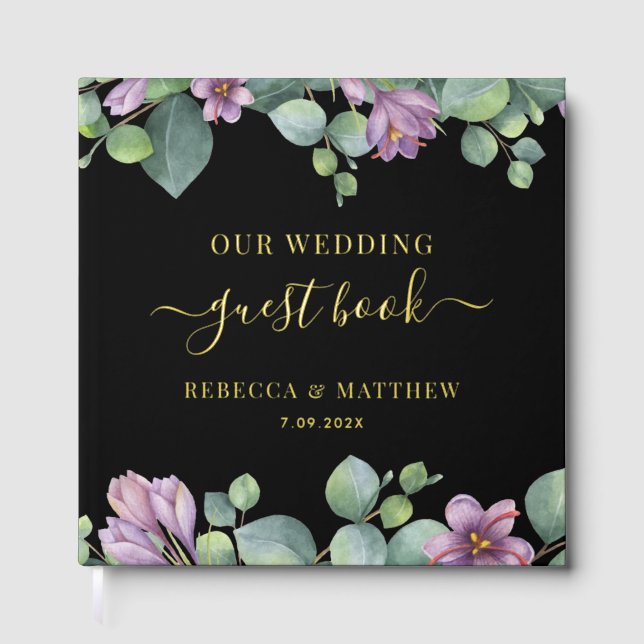 Eucalyptus Greenery Purple Wedding Gold Foil Guest Book (Front)