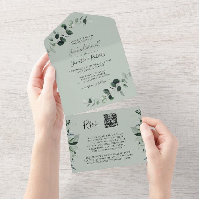 Eucalyptus Greenery QR Code RSVP Sage Wedding All In One Invitation (Tearaway)