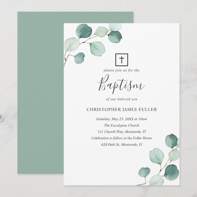 Eucalyptus Greenery Religious Elegant Baptism Invitation (Front/Back)