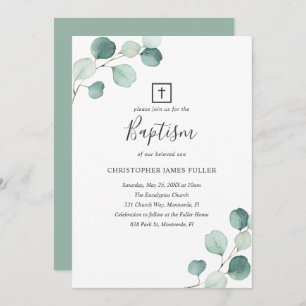 Eucalyptus Greenery Religious Elegant Baptism Invitation